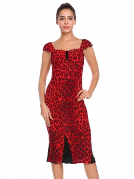 

Red leopard Women Casual Square Collar Short Sleeve Package Hip Slim Bodycon Leopard Sexy Dress, Multicolor