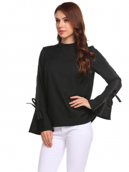 

Black Women Flare Long Sleeve Tie Zipper Casual Blouse Tops, Multicolor