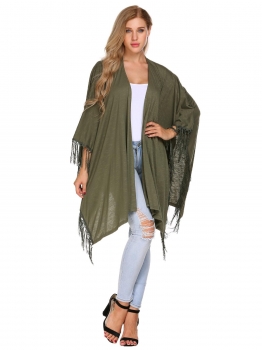 

Army green Solid Tassel Trim Open Front Cape Sleeve Long Cardigans, Multicolor