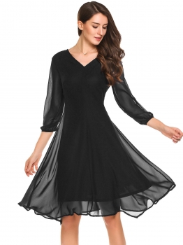 

Black 3"4 Sleeve Solid Slim Flared Irregular Chiffon Dress, Multicolor