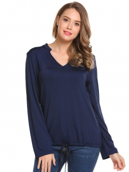 

Navy blue Long Sleeve Drawstring Hem Solid V-Neck Tops, Multicolor