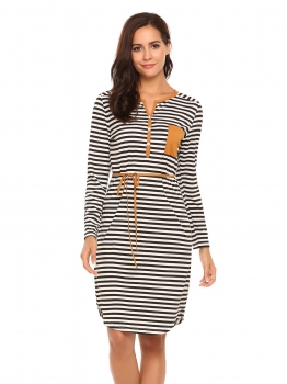 

Black white Long Sleeve Notched Collar Striped Shift Dress with Belt, Multicolor