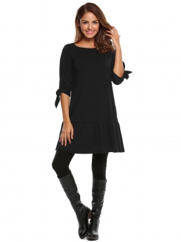 

Black Women 3"4 Sleeve Tie Cuff Ruffle Hem Tunic A-line Casual Dress, Multicolor