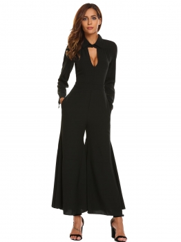 

Black Women Long Sleeve Keyhole Flared Hem Wide Leg Solid Casual Jumpsuits with Belt, Multicolor