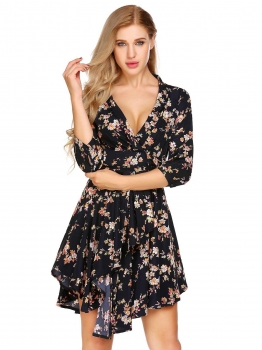 

Black 3"4 Sleeve Plunging Neck Floral Asymmetric Dress, Multicolor