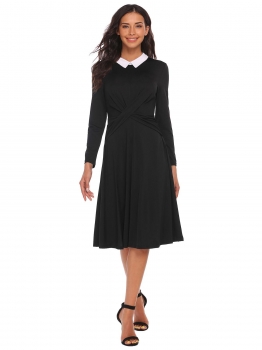 

Black Peter Pan Collar Twist Front Long Sleeve Draped Casual Dress, Multicolor