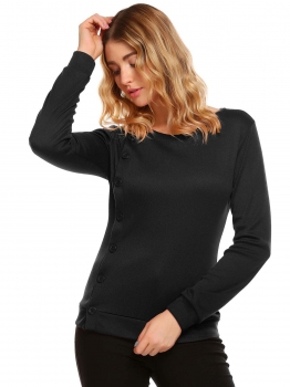 

Black Solid Buttoned O-Neck Long Sleeve Slim Sweatshirts, Multicolor