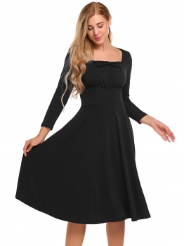 

Black Square Neck Long Sleeve Solid A-Line Dress, Multicolor