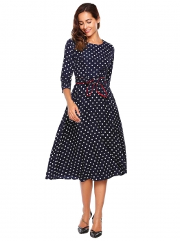

Blue O-Neck 3"4 Sleeve Swing Dress with Belt, Multicolor