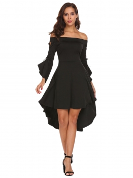 

Black Women Off Shoulder Flare Sleeve Asymmetrical Hem High Low Solid Dress, Multicolor