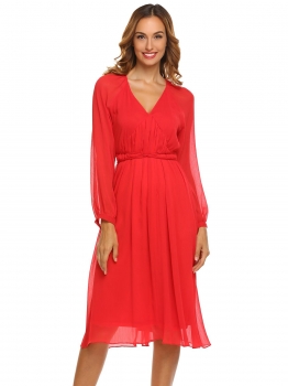 

Red Women V-Neck Lantern Sleeve Solid Casual Empire Waist Chiffon Dress, Multicolor