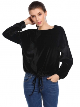 

Black Velvet Solid Drawstring Hem Long Sleeve Loose Tops, Multicolor