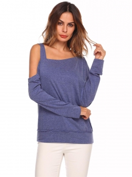 

Blue Women Cold Shoulder Asymmetrical Collar Long Sleeve Casual Blouse Tops, Multicolor