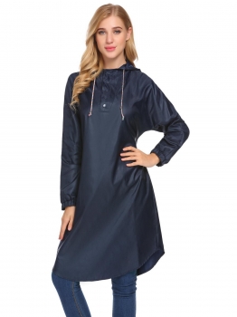 

Blue Women Casual Drawstring Hooded Long Sleeve Elastic Cuffs Raincoat, Multicolor