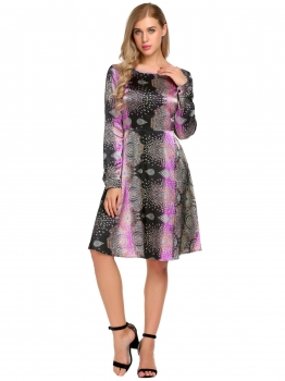 

Black Purple Long Sleeve Backless Floral O-Neck Dress, Multicolor