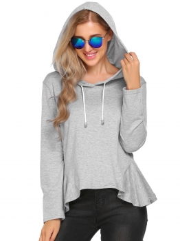 

Grey Solid Hooded Ruffles Hem Long Sleeve Pullover Hoodie, Multicolor