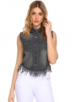 

Grey Solid Turn-down Collar Sleeveless Button Flap Pockets Denim Vest, Multicolor