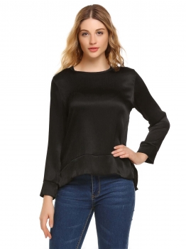 

Black Solid Back Zipper High-low Long Sleeve O-Neck Split Loose Tops, Multicolor