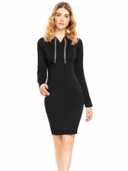 

Black Long Sleeve Solid Hooded Dress, Multicolor