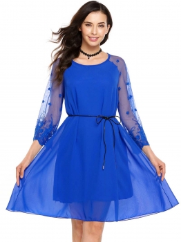

Blue Long Sleeve Lace Mesh Patchwork Loose Chiffon Dress, Multicolor
