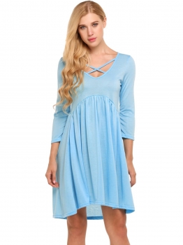 

Light blue Criss Cross V Neck 3"4 Sleeve Irregular Solid Dress, Multicolor