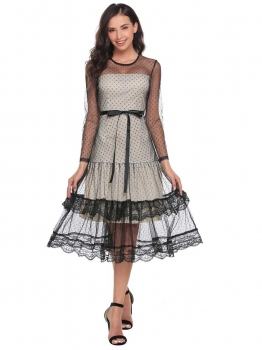 

Black O-Neck Long Sleeve Pleated Mesh Patchwork Dress, Multicolor