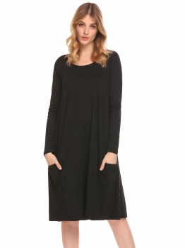 

Black Women Casual Long Sleeve Pocket Solid Tunic Loose T-Shirt Dress, Multicolor