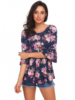 

Dark blue 3"4 Flare Sleeve Floral Print Slim Fit Summer Peplum Top, Multicolor