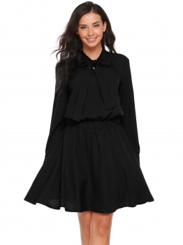 

Black Tie Bow Neck Long Sleeve Solid Loose Pleated Dress, Multicolor