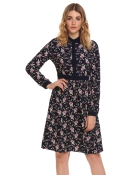 

Navy blue Vintage Style Long Sleeve Floral Shirt Dress, Multicolor