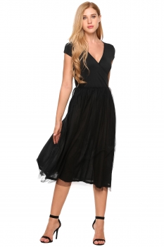 

Black V-Neck Cap Sleeve Mesh Patchwork Pleated Dress, Multicolor