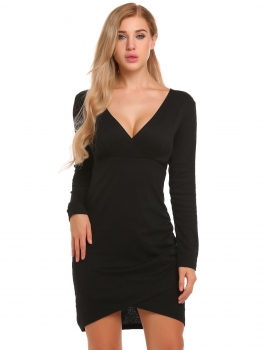 

Black Sexy Solid Deep V-Neck Asymmetrical Bodycon Pencil Dress, Multicolor
