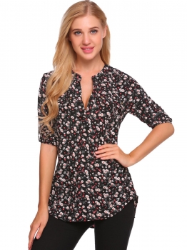 

Black Floral Print Loose V Neck Long Sleeve Blouse, Multicolor