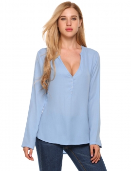 

V Neck Long Sleeve Irregular Half Button Up Chiffon Blouse, Multicolor