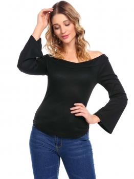 

Black Women Casual Slash Neck Off the Shoulder Flare Sleeve Knitted Solid Sexy Blouse Sweater, Multicolor