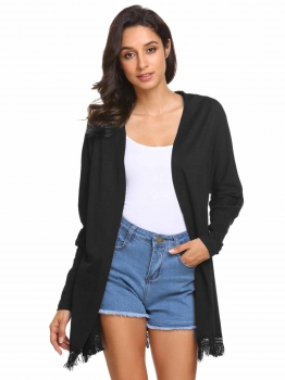 

Black Women's Batwing Sleeve Tassel Casual Loose Solid Cardigan, Multicolor