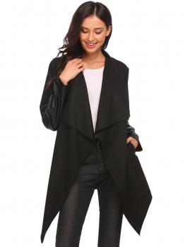 

Black Lapel Leather Patchwork Open Front Irregular Wool Blend Trench Coat with Belt, Multicolor