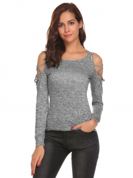 

Dark gray Women Sexy Cold Shoulder Cut Out Long Sleeve Slim Fit T-Shirt Tops, Multicolor