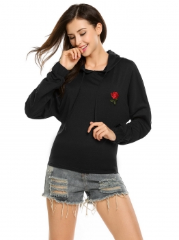 

Black Long Sleeve Rose Applique Elastic Cuffs Pullover Hoodie, Multicolor