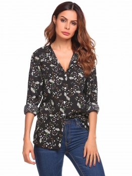 

Black Long Sleeve O Neck Floral Print Loose Chiffon Shirt, Multicolor