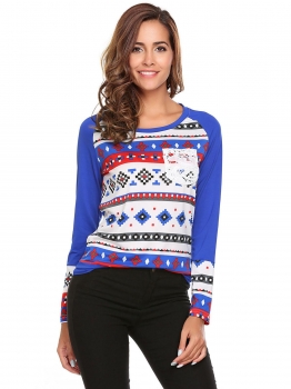 

Blue O-Neck Long Sleeve Printed Contrast Color Pockets T-Shirt, Multicolor