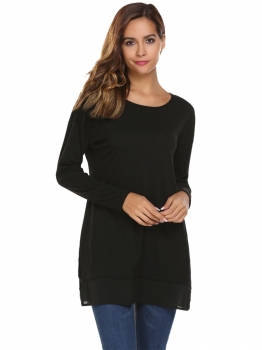 

Black Long Sleeve O Neck Chiffon Hem Patchwork Loose Tops, Multicolor