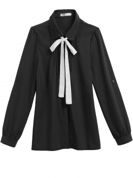 

Black Bowknot Peter Pan Collar Roll Up Sleeve Button Down Shirt, Multicolor