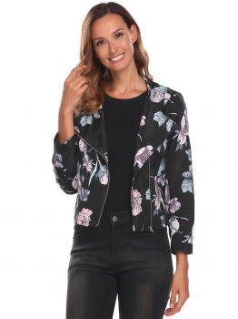 

Black Women Fashion Floral Long Sleeve Zip-up Lightweight Jacket, Multicolor