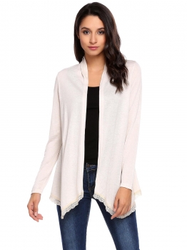 

Apricot Long Sleeve Open Front Lace-Trim Asymmetrical Casual Cardigan, Multicolor