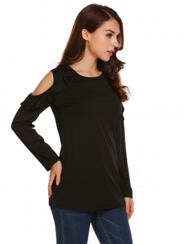 

Black Long Sleeve Ruffled Cold Shoulder O Neck Solid Tops, Multicolor