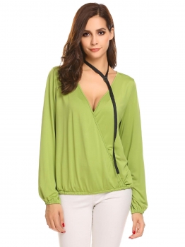 

Green Women V-Neck Cross Front Long Sleeve Faux Wrap Pullover Blouse, Multicolor