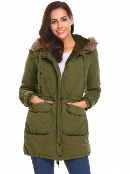 

Army green Women Warm Hooded Drawstring Waist Fleece Lined Casual Military Coat, Multicolor