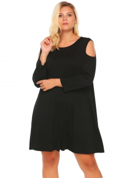 

Black Plus Size Cold Shoulder Long Sleeve Solid Loose Dress, Multicolor