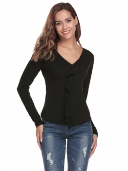 

Black V-Neck Long Sleeve Solid Ruffle Tops, Multicolor